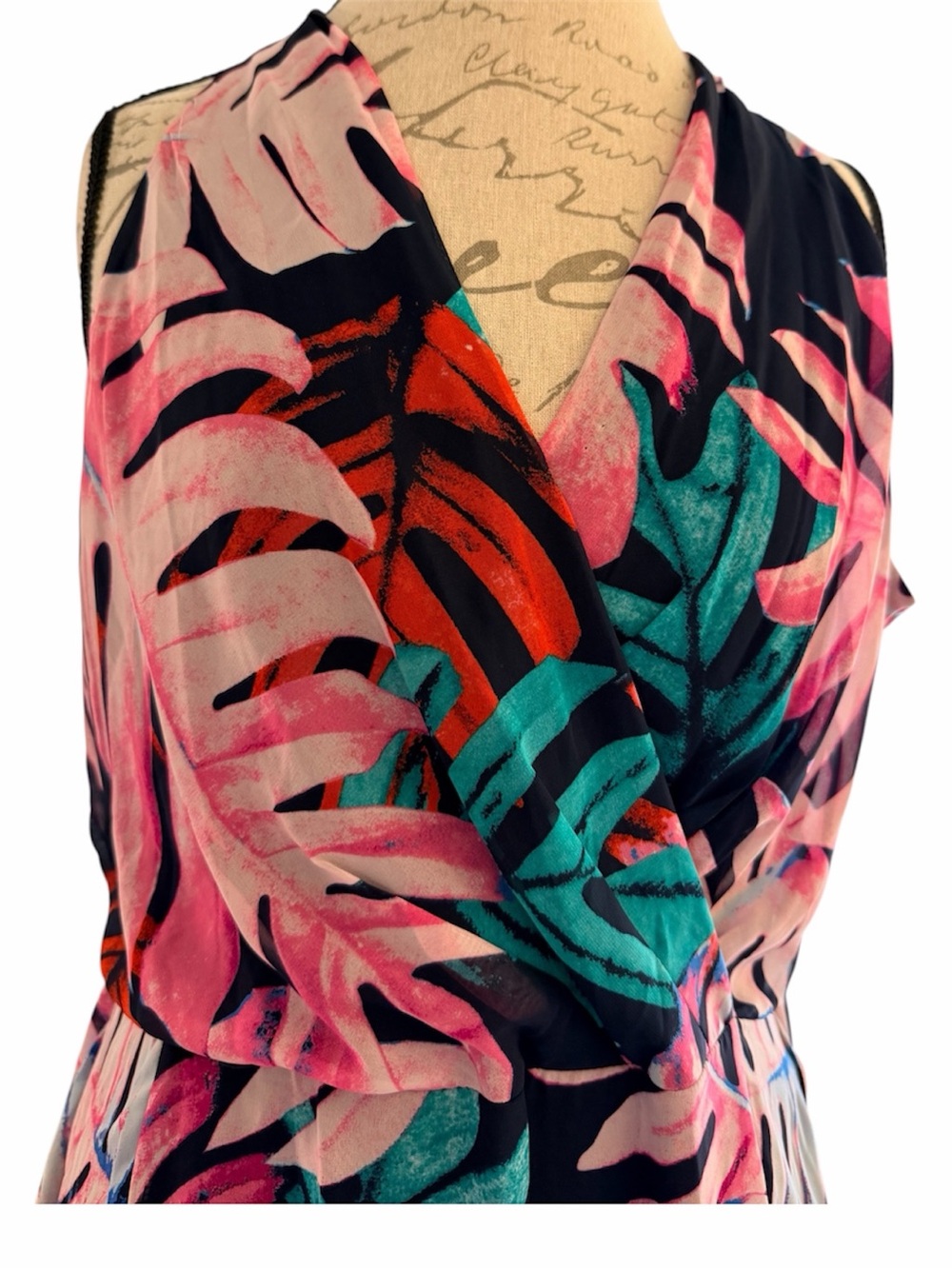 covington tropical palm print faux wrap maxi dress belt side zipper size 14